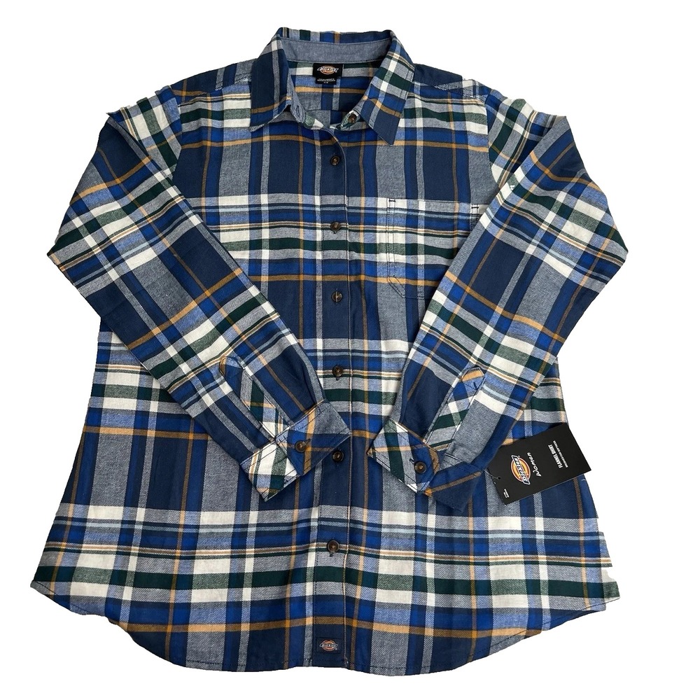 Dickies Women Blue plaid button Up‎ long sleeve flannel shirt large new